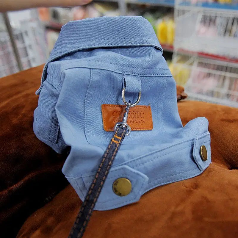 Chic Denim Dog Coat with Leash Ring for Small to Medium Pups