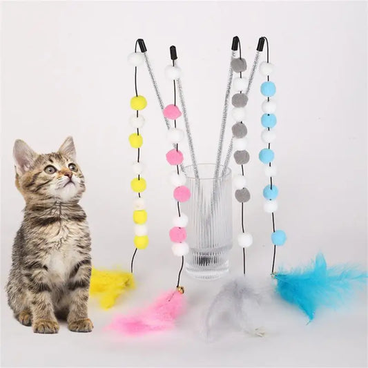 Colorful Pompon Cat Teaser Stick - Interactive Feather Toy for Playful Cats