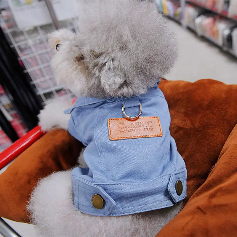 Chic Denim Dog Coat with Leash Ring for Small to Medium Pups