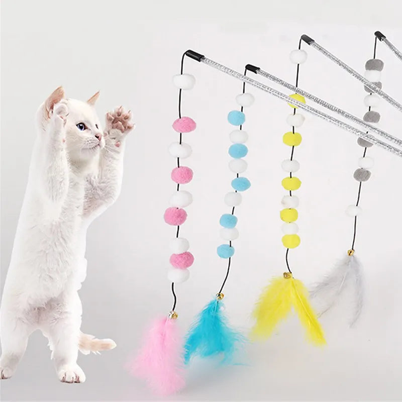 Colorful Pompon Cat Teaser Stick - Interactive Feather Toy for Playful Cats